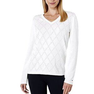 Tommy Hilfiger Gold Studded Argyle White Sweater Logo V-neck Women’s S ACADEMIA
